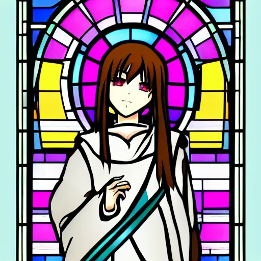 Prompt: cute anime girl with church stained glass in the background in the style of helltaker stylized cute defined lines dramatic lighting bokeh 4 k