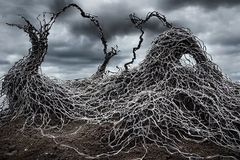 Image similar to a beautiful demonic creature covered in electronic wires sculpture electricity earthquake, ocean, sea, dust particles, covered in dust, grind, rocks, dark clouds