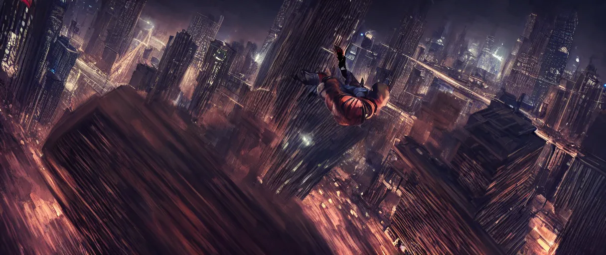 Image similar to hyperrealistic hyper detailed catman jumping, backrgound the city at night concept art pascal blanche key sage sharp cinematic lighting 8k low angle shallow depth of field