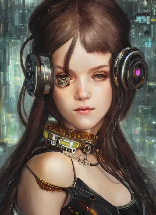 Prompt: portrait of cute beautiful young cyborg maiden, cyberpunk, Warhammer 40000, gothic, highly detailed, artstation, illustration, art by Gustav Klimt and Range Murata