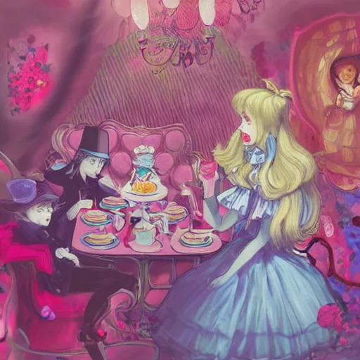 Image similar to Alice in Wonderland having a tea party with the Mad Hatter, in the style of Magic Realism, inspired by shoujo manga, harajuku street fashion, John Singer Sargent, Möbius, Neil Gaiman, yayoi kusama, Grimes, pastel goth, dramatic composition, ethereal, gradients and chromatic aberration effects, very thin expressive lineart, pastel and muted tones, Victorian, dreamlike, otherworldly, photorealistic 4k, hyper detailed