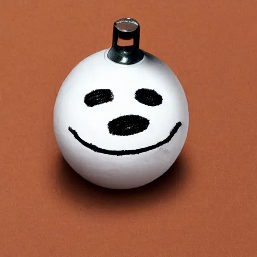 Prompt: a grenade with a smiley face drawn on it with marker