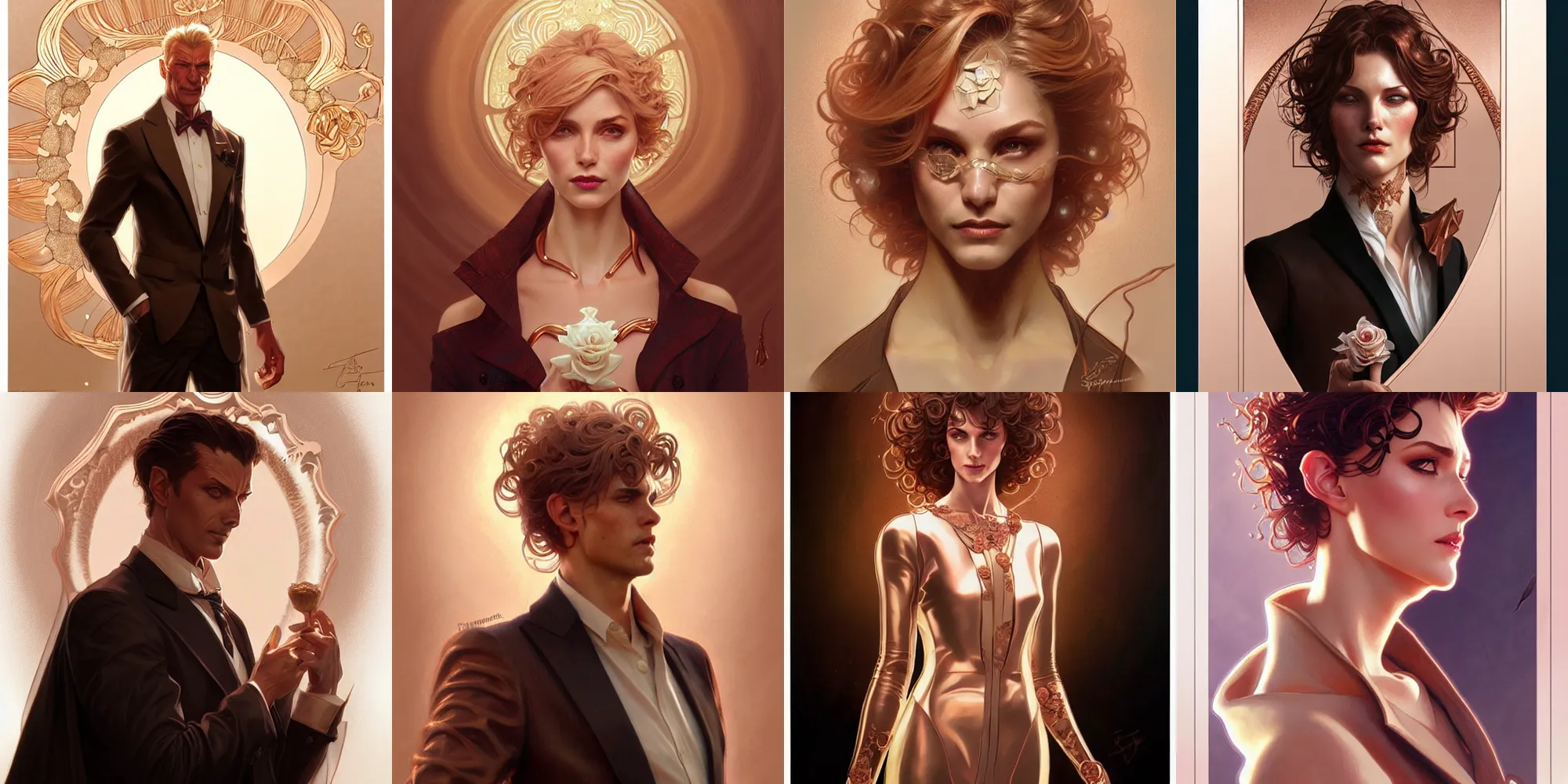 Prompt: Sandman with a rose gold suit, portrait, intricate, elegant, highly detailed, digital painting, artstation, concept art, rough, sharp focus, illustration, art by artgerm and greg rutkowski and alphonse mucha