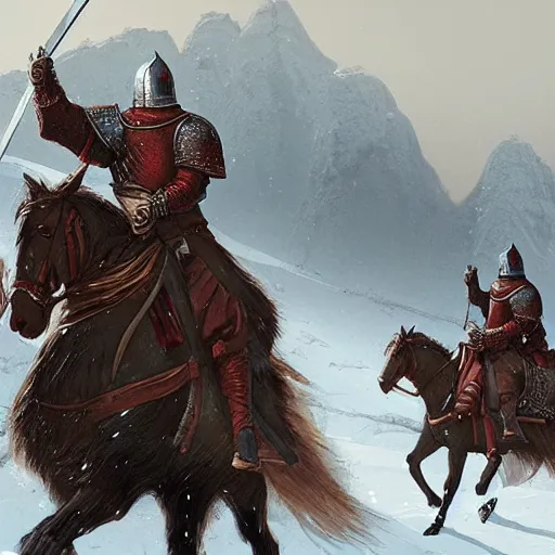 Image similar to “Two medieval knights wearing furs on horseback in the snow in the middle of the mountains, snow storm, fantasy, highly detailed, digital painting, artstation, concept art, illustration, art by Greg Rutkowski and Marc Simonetti