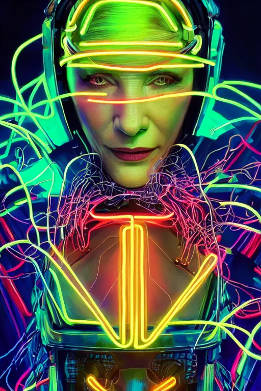 Prompt: cate blanchett with cyber headgear surrounded by wires, neon colors, oil on canvas, strong lighting, by Josan Gonzalez, HD, 4K