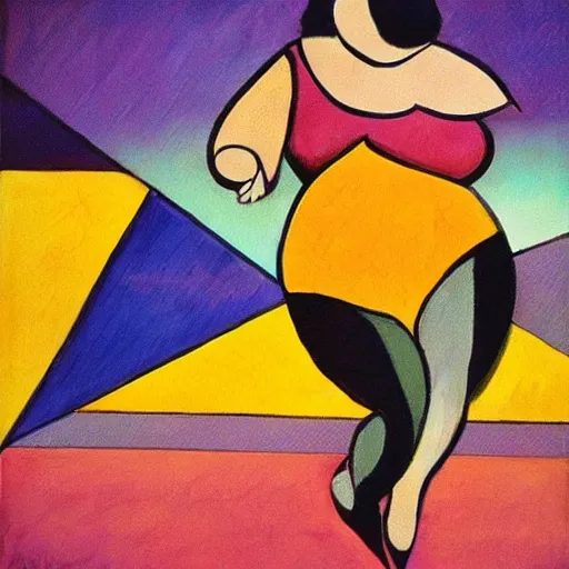 Image similar to beautiful sunset, fat woman dancing, cubism, muted colors, texture