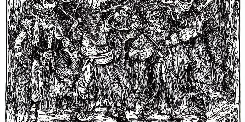 Prompt: scan of book with intricate ink drawings of tyrolean folklore masks, krampus, folklore, dance, dolomites, scary dark, dark ink, old paper