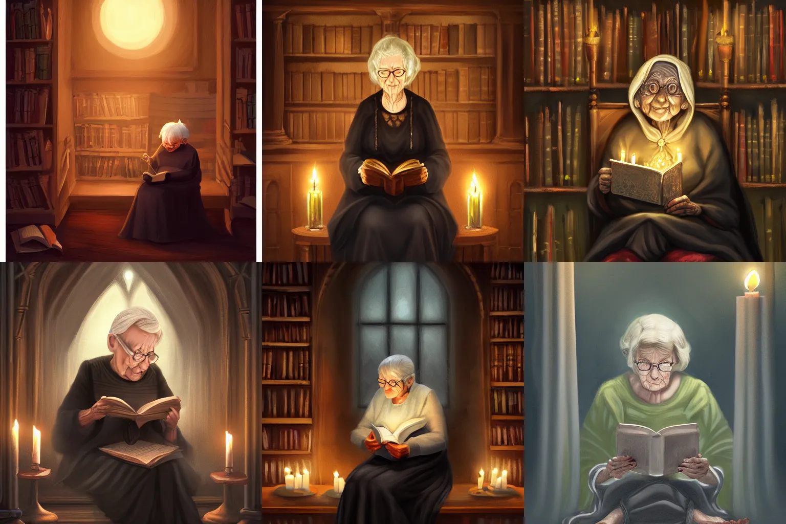 Prompt: an old lady sitting in a dark library lit by candles, gothic art, digital painting, trending on artstation