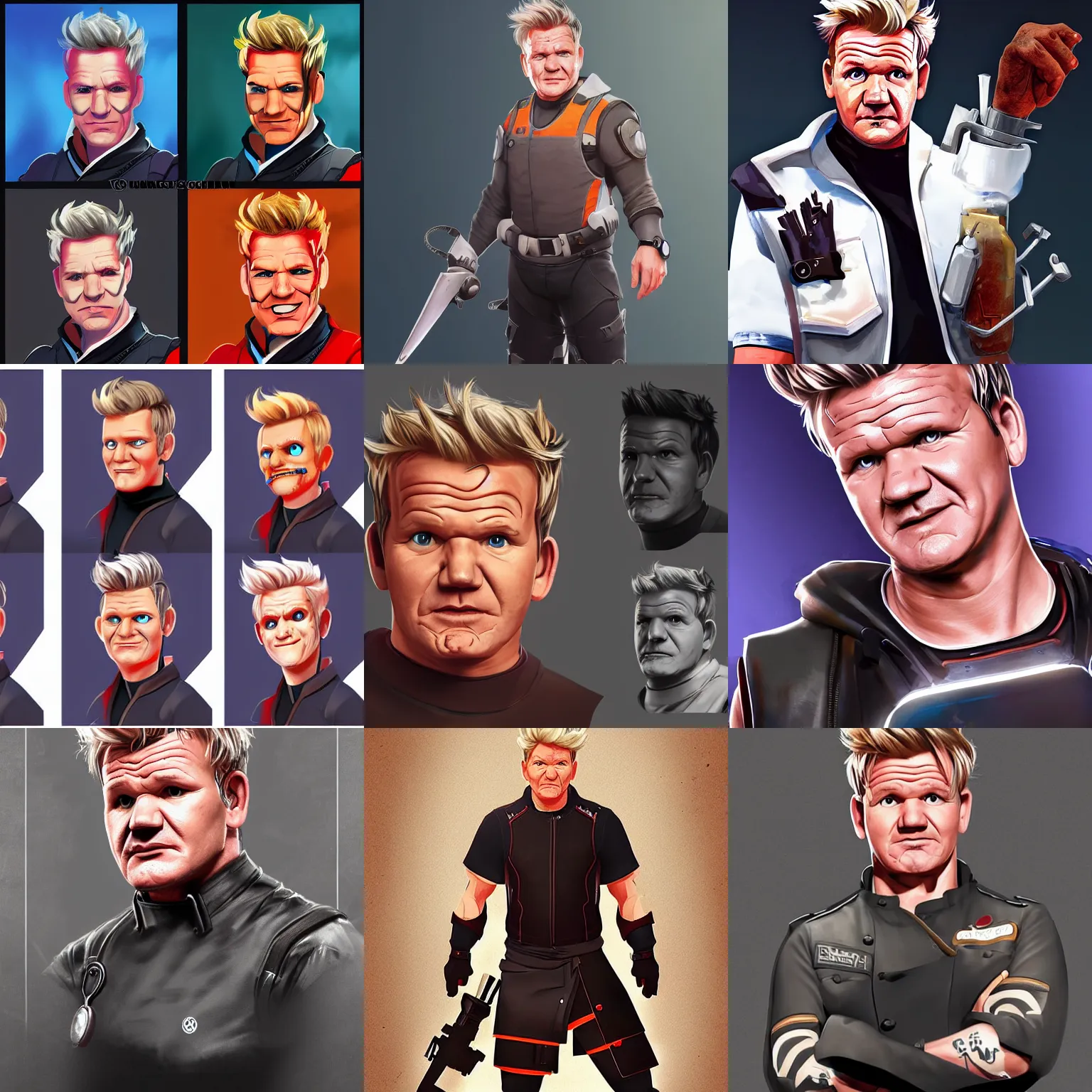Prompt: Gordon Ramsay as a character in Overwatch, digital illustration, concept art, ArtStation, highly detailed