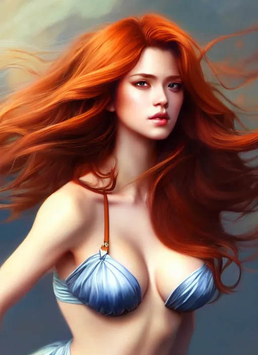 Image similar to a gorgeous female with long auburn hair in the style of stefan kostic, realistic, full body shot, wide angle, sharp focus, 8 k high definition, insanely detailed, intricate, elegant, art by stanley lau and artgerm, floating embers