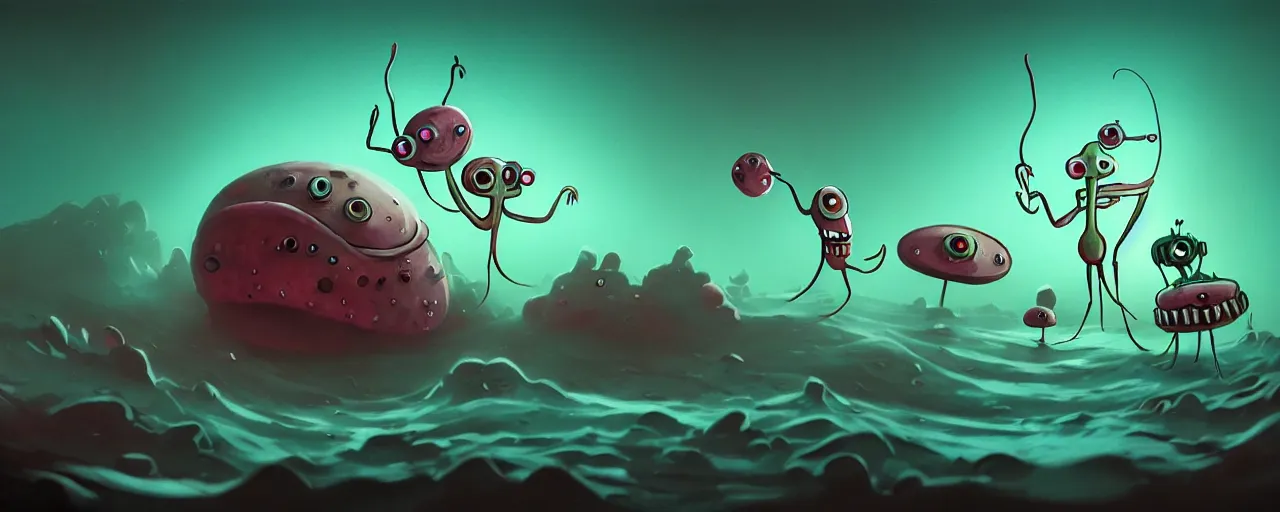 Image similar to wild whimsical plankton mutants from the depths of a wasteland deep in the imaginal realm, dramatic lighting, surreal fleischer cartoon characters, shallow dof, surreal painting by ronny khalil