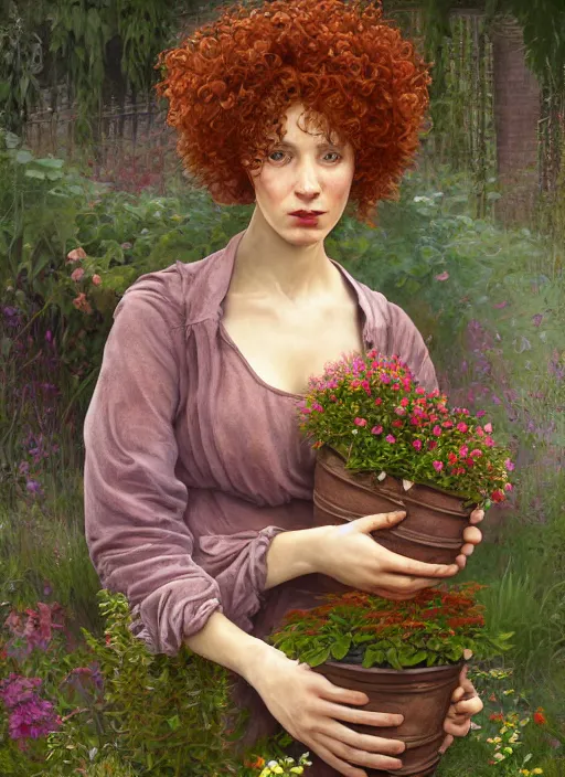 Image similar to curly redhead gardener wearing a giant flower pot as outfit physically accurate, moody dynamic lighting, very very intricate, very very elegant, highly detailed, digital painting, artstation, HR GIGER, Hieronymus Bosch, Francis Bacon, concept art, smooth, very beautiful, sharp focus, illustration, art by artgerm and greg rutkowski and alphonse mucha