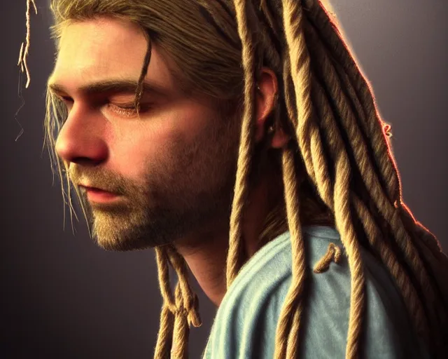 Prompt: realistic kurt cobain with dread locks and a rope around its neck, detailed, facial accuracy, volumetric lightning, 4K, trending on artstation