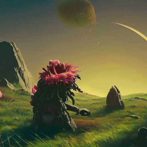 Prompt: no man's sky, corrupted sentinel picking up flower on alien flower, 4 k, artstation, digital art