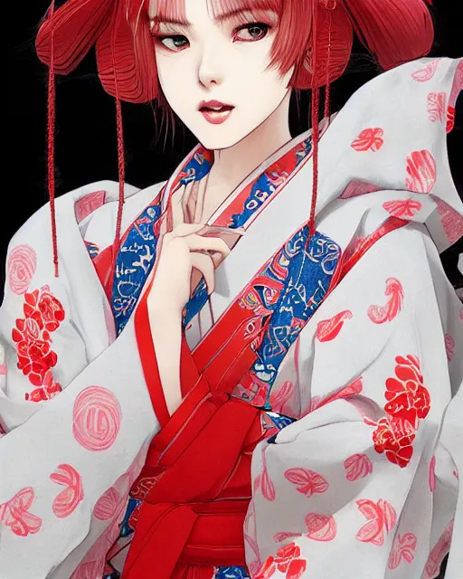 Prompt: Ssunbuki as a beautiful young kitsune wearing a red and white kimono, anime, portrait, visualartzi, concept art by Karla Ortiz, James Paick, Charlie Bowater, Krenz Cushart, highly detailed, ultra detailed, ultra realistic, trending on artstation, cgstudio