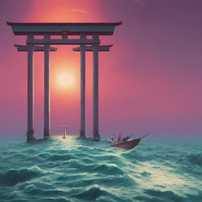 Prompt: a beautiful painting of a torii at sea by simon stalenhag and zdzisław beksinski and rene magritte and greg rutkowski, in style of digital art. hyper detailed, sharp focus, soft light. octane render. ray tracing. trending on artstation