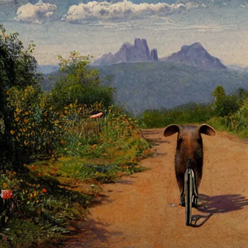 Image similar to A wombat riding a bicycle on a dirt path with german mountains as a background, In The Style of Carl Larsson