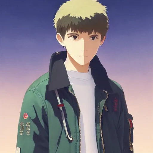 Image similar to a handsome young man! model, wearing ma - 1 flight suit jacket and overalls, bulky poofy bomber jacket with mayan patterns, trending on pixiv fanbox, painted by greg rutkowski makoto shinkai takashi takeuchi studio ghibli, akihiko yoshida