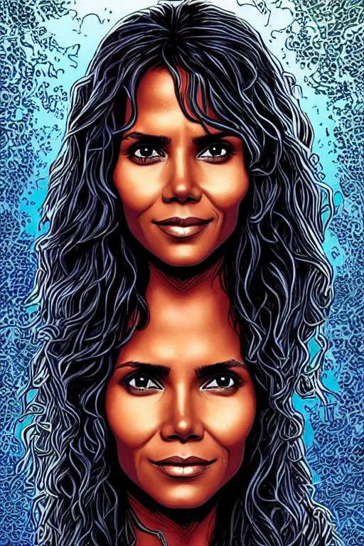 Prompt: a portrait of sexy young halle berry with long hair, drawn by robbie trevino and dan mumford, poster, digital art, comic art, concept art,, single head, no double head,