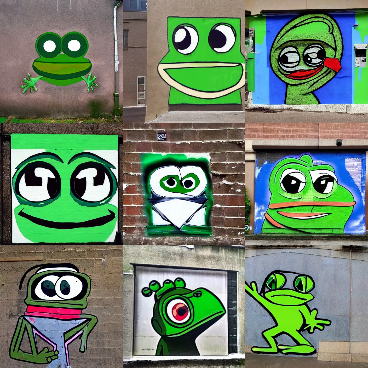 Prompt: photograph of pepe the frog street art