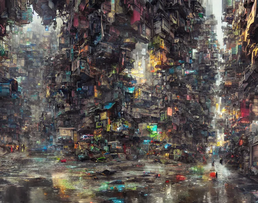 Prompt: street in kowloon slum, favela, dark alien city, perspective stretching upwards, temples, huge alien buildings, a dark, poisonous, alien biosphere, bridges, puddles on ground, scifi, science fiction spacecraft, jagged blocks of stone, multicoloured, john berkey, daniel dociu, jeremy mann, castle artstation trending