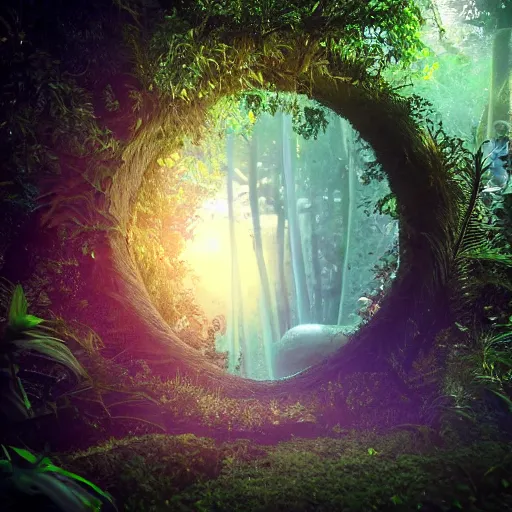 Image similar to portal to another dimension inside a beautiful tree in a densely overgrown jungle, fantasy, dreamlike sunrise volumetric lighting, ultra realistic, atmospheric, stopped in time, epic