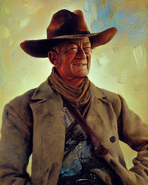 Image similar to painterly portrait, john wayne as a cowboy, impasto, fantasy, chuck close:7, carl spitzweg:7, cinematic light, full face, symmetrical face