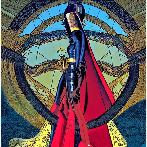 Prompt: beautiful portrait of the mysterious masked figure, futuristic, vogue cover, vogue poses, beautiful ornamental silk cape, intricate, highly detailed, masterful, fantasy world, sci fi world, in the style of moebius, akira toriyama, jean giraud, 8 k