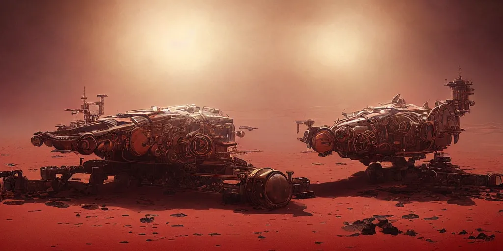 Image similar to steampunk hovercraft going at high speed across a red desert, trailing red sand, greg rutkowski, 8 k, shallow depth of field, intricate detail, concept art,