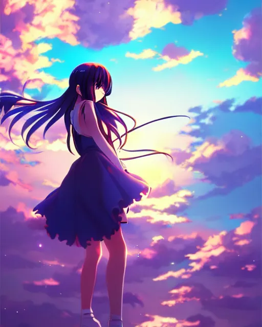 Image similar to anime style, vivid, expressive, full body, 4 k, painting, a cute magical girl with a long wavy black hair, side shot, stunning, realistic light and shadow effects, centered, simple background, studio ghibly makoto shinkai yuji yamaguchi