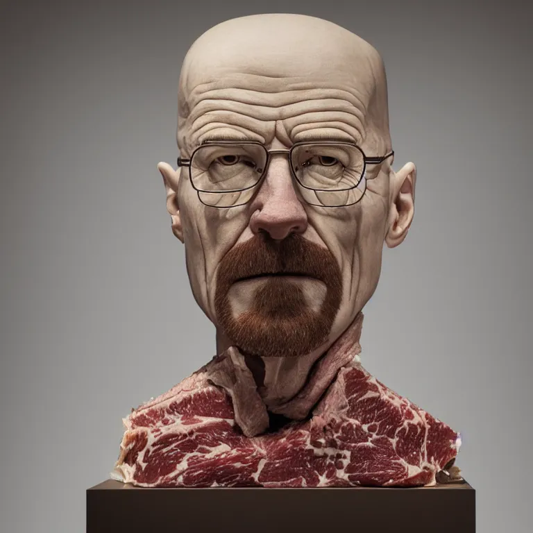 Image similar to hyperrealistic portrait sculpture of a walter white made of dry - aged wagyu beef on a pedestal by ron mueck and duane hanson and lee bontecou, hyperrealistic dramatic colored lighting trending on artstation 8 k