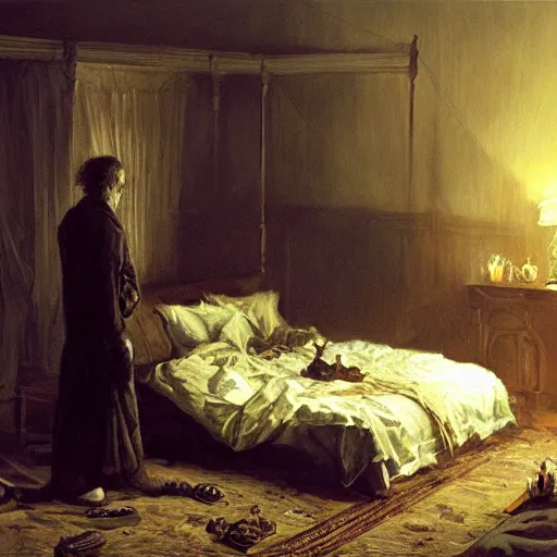 Image similar to dark room with a shadow figure standing in front of the bed while a person sleeps in it, very dim lighting, 8 k octane beautifully detailed render, post - processing, extremely hyper - detailed, intricate, epic composition, masterpiece, trending on artstation, detailed detailed detailed, masterpiece, stunning art by anders zorn, wonderful masterpiece by greg rutkowski,