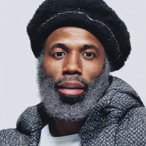 Image similar to a side profile portrait of a handsome urban african-american man with a big dark gray beard, wearing a light gray kufi and a black puffer coat, white background, concept art