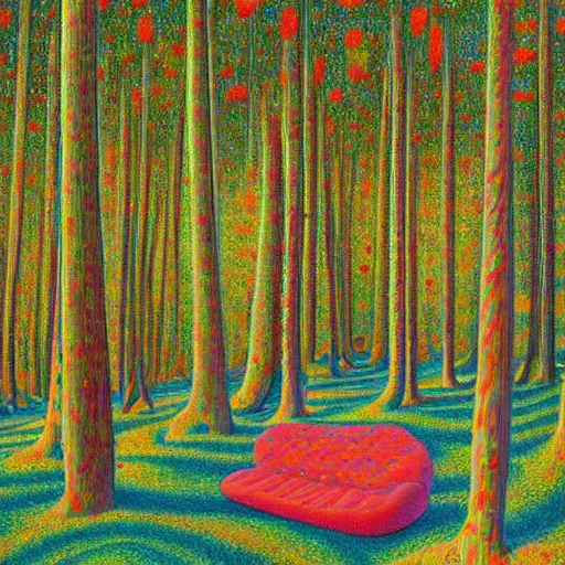 Image similar to psychedelic couch sofa in the pine forest and poplar forest, goose, milky way, designed by moebius, rob gonsalves, gustav dore, giuseppe arcimboldo and carl barks, louis wain, trending on artstation, canada, star, sharp focus, colorful refracted sparkles and lines, soft light, 8 k 4 k