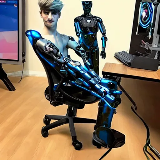 Image similar to “a realistic detailed photo of a guy who is an attractive humanoid who is half robot and half humanoid, who is a male android, twitch streamer Ninja Tyler Blevins, shiny skin, posing like a statue, blank stare, on a gaming chair streaming”