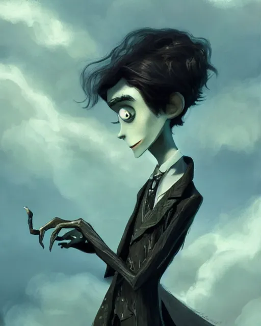 Prompt: elegant mysterious solemn desperate male victor van dort from the movie the corpse bride, portrait, illustration, the land of the death, rim light, top light, summer clear blue sky, perfectly shaded, soft painting, art by krenz cushart and wenjun lin