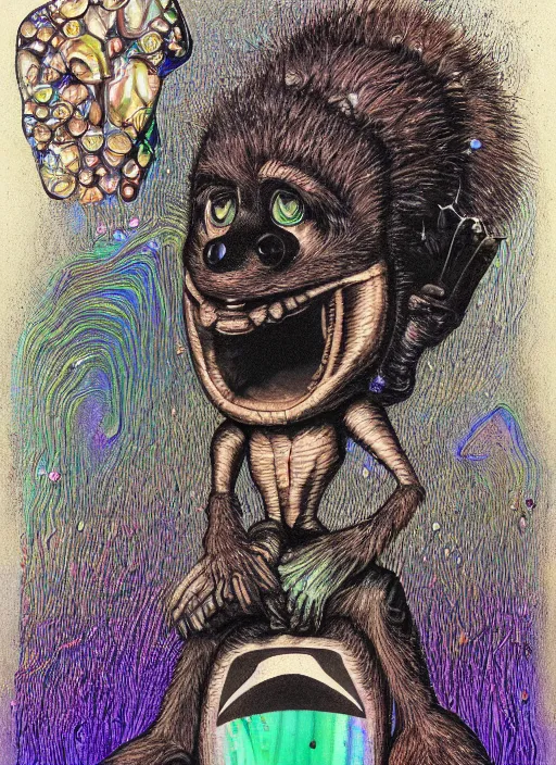 Image similar to portrait of humanoid raccoon surfer made of mycelium and iridescent scales, amanita muppet punk, basil wolverton, r crumb, hr giger, dali