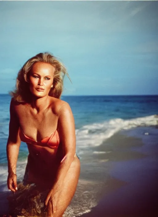 Prompt: A hyper realistic and detailed head portrait photography of Ursula Andress of Dr No walking on a secluded beach. by William Egglestone. Synthwave style. Cinematic. Golden Hour. Kodak Portra 400. Lens flare. 85mm lens
