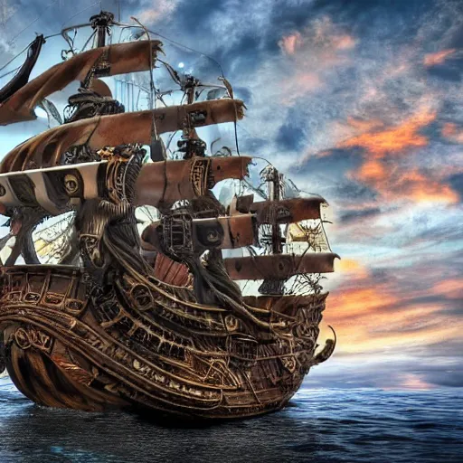 Image similar to modern metal pirate ship, highly detailed, 4k, HDR, smooth, sharp focus, hyper realistic, high resolution