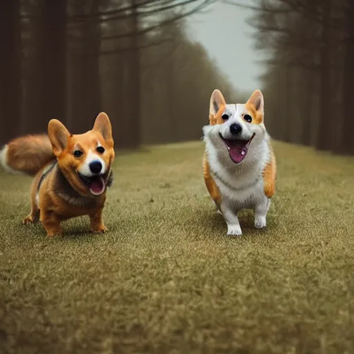 Prompt: a film still of a horror movie featuring two corgi dogs, spooky, photography, award - winning, eerie, 4 k