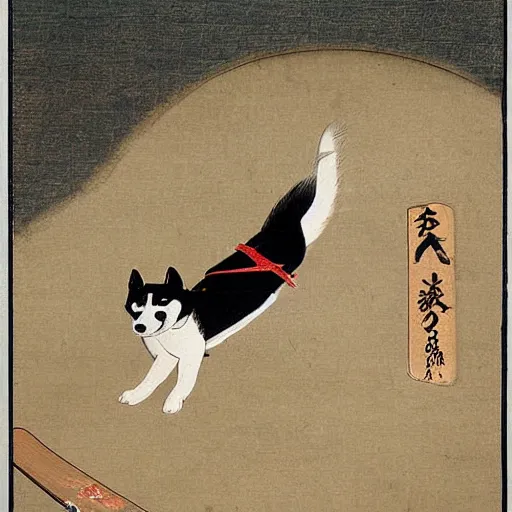 Prompt: shiba inu ninja on a skateboard on a birthday card, highly detailed, 1 8 th century japanese painting,