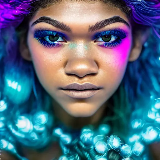 Image similar to Zendaya as mermaid, grungy, unkept hair, glowing eyes, modelsociety, radiant skin, huge anime eyes, RTX on, perfect face, intricate, Sony a7R IV, symmetric balance, polarizing filter, Photolab, Lightroom, 4K, Dolby Vision, Photography Award