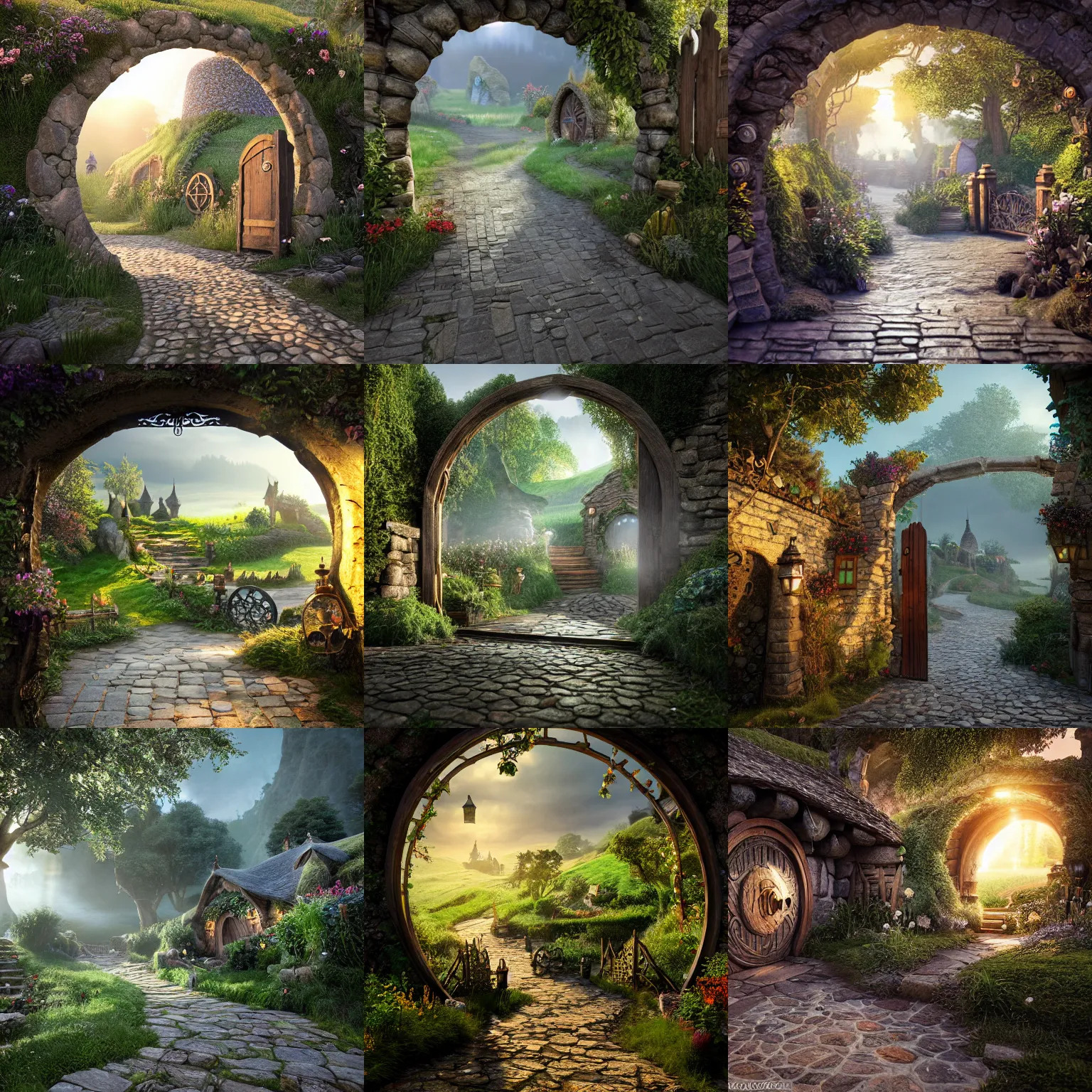 Prompt: cobblestone path to the ornate wooden gates to the shire, hobbiton inside a glass jar,, intricate detail, volumetric lighting, epic composition, hyper detailed, ultra realistic, sharp focus, octane render, volumetric, ray tracing, sense of awe, swirling mist, 4 k