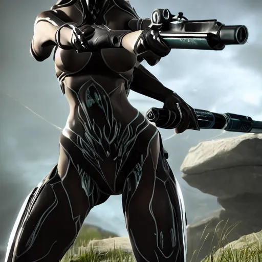 Image similar to photograph of female Saryn!!!!!!!!!!!! warframe holding a rifle!!!!!!!, 8k resolution, high detail, ULTRA REALISTIC VFX, reflections