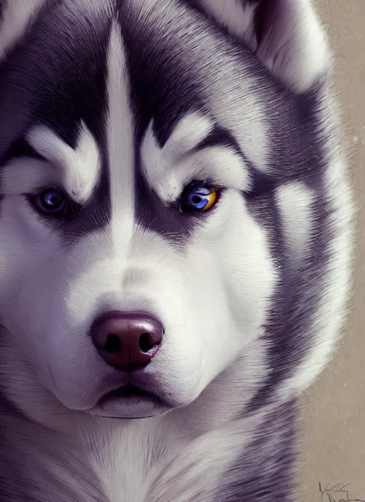 Prompt: masterpiece portrait of a cute husky as a gentleman, au naturel, hyper detailed, digital art, trending in artstation, cinematic lighting, studio quality, smooth render, unreal engine 5 rendered, octane rendered, art style by klimt and nixeu and ian sprigger and wlop and krenz cushart and kim jung gi and greg rutkowski