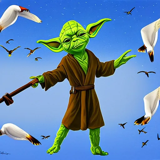 Prompt: Yoda hitting the seagulls away with his stick, digital art, detailed