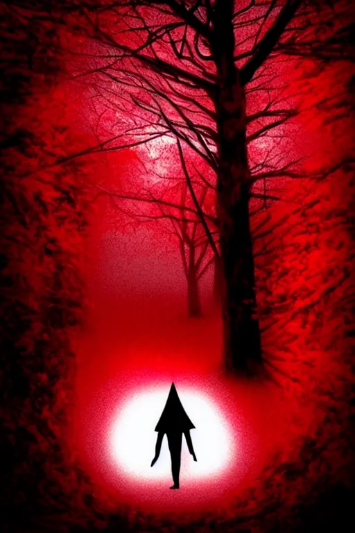 Image similar to a demon inside a red tree, black eyes, creepy