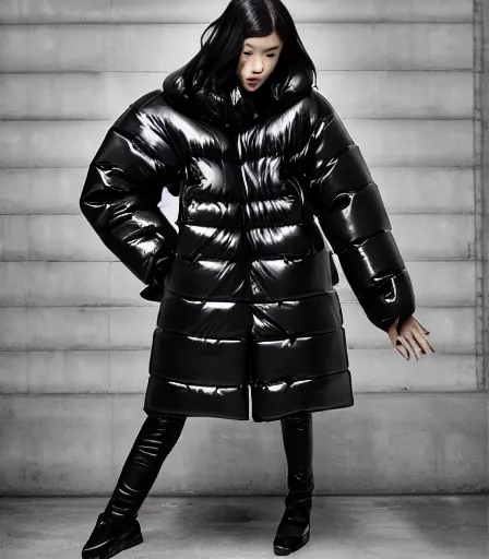 Image similar to well lit fashion shoot portrait of extremely beautiful female marble statue wearing huge over size puffer jacket by dingyun zhang, yeezy, balenciaga, vetements, a cold wall, sharp focus, clear, detailed,, cinematic, detailed, off white, glamourous, symmetrical, vogue, editorial, fashion, magazine shoot, glossy