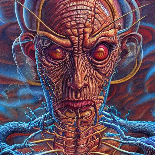 Image similar to a grand scale matte painting of a skinned man in hell by clive barker and alex grey and michael whelan