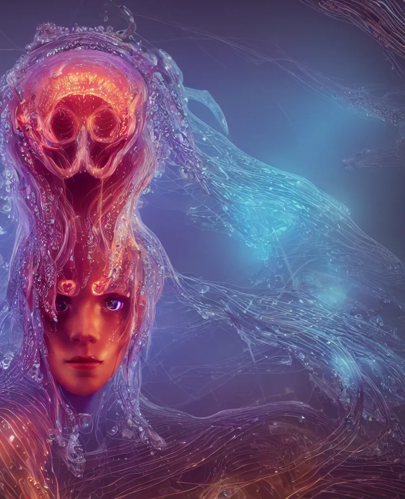 Image similar to close-up macro portrait of the face of a beautiful princess, epic angle and pose, symmetrical artwork, 3d with depth of field, blurred background, cybernetic jellyfish female face skull phoenix bird, translucent, nautilus, energy flows of water and fire. a highly detailed epic cinematic concept art CG render. made in Maya, Blender and Photoshop, octane render, excellent composition, cinematic dystopian brutalist atmosphere, dynamic dramatic cinematic lighting, aesthetic, very inspirational, arthouse. y Greg Rutkowski, Ilya Kuvshinov, WLOP, Stanley Artgerm Lau, Ruan Jia and Fenghua Zhong